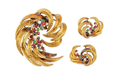 Lot 161 - A multi-gem brooch and earclip suite, circa 1960