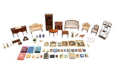 Lot 824 - A COLLECTION OF DOLLS HOUSE READING ROOM FURNITURE, FURNISHINGS & MINIATURES