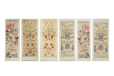 Lot 741 - A GROUP OF SIX CHINESE EMBROIDERED HANGING SCROLLS