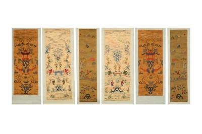 Lot 742 - A GROUP OF SIX CHINESE EMBROIDERED HANGING SCROLLS