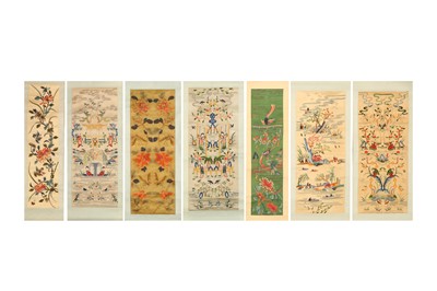 Lot 739 - A GROUP OF SEVEN CHINESE EMBROIDERED HANGING SCROLLS