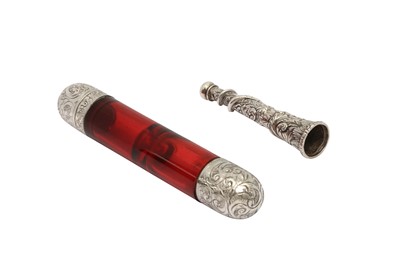 Lot 105 - A 19TH CENTURY SILVER MOUNTED RUBY GLASS SMELLING SALTS AND SCENT BOTTLE, TOGETHER WITH A POSY HOLDER