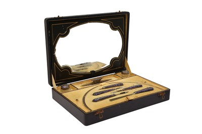 Lot 16 - A CASED EARLY 20TH CENTURY AUSTRIAN 935 STANDARD SILVER AND ENAMEL VANITY SET, VIENNA POST-1922 BY B.G