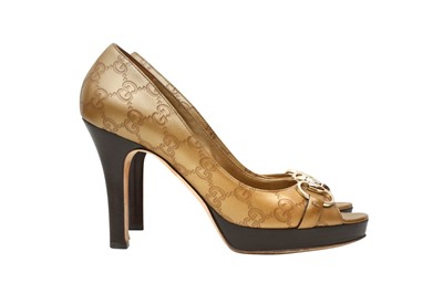 Lot 573 - Gucci Gold Guccssima Peep Toe Heeled Pump - Size 38.5