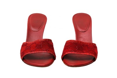 Lot 30 - λ Gucci Red Embellished Monogram Heeled Mule - Size 36
