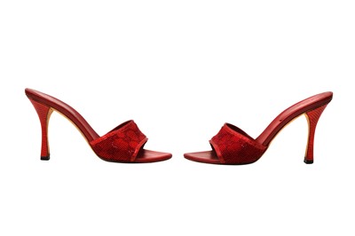 Lot 30 - λ Gucci Red Embellished Monogram Heeled Mule - Size 36