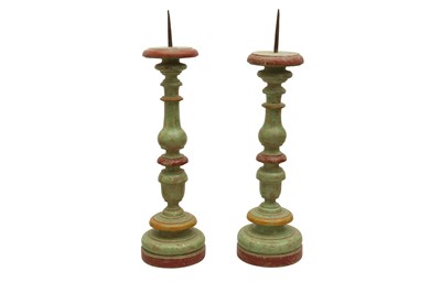 Lot 605 - A PAIR OF ITALIAN POLYCHROME TURNED WOOD PRICKET CANDLESTICKS, EARLY 20TH CENTURY