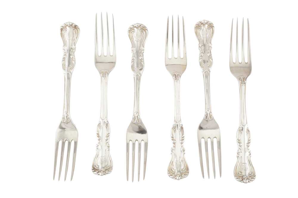 Lot 210 - A SET OF SIX VICTORIAN STERLING SILVER DESSERT FORKS, LONDON 1843 BY GEORGE ADAMS OF CHAWNER AND CO