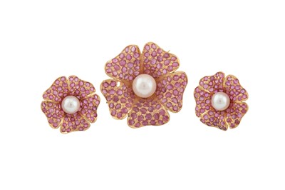 Lot 402 - A PEARL AND RUBY BROOCH AND EARRING SUITE