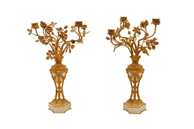 Lot 633 - A PAIR OF LATE 19TH CENTURY GILT METAL AND ALABASTER CANDELABRA
