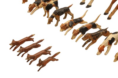 Lot 903 - FOREST TOYS  OF BROCKENHURST, A CARVED AND PAINTED WOOD FOX HUNTING GROUP