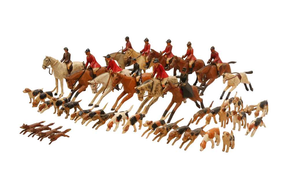 Lot 903 - FOREST TOYS  OF BROCKENHURST, A CARVED AND PAINTED WOOD FOX HUNTING GROUP