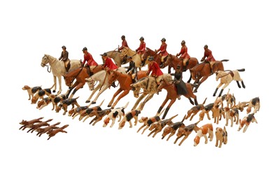 Lot 903 - FOREST TOYS  OF BROCKENHURST, A CARVED AND PAINTED WOOD FOX HUNTING GROUP