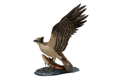 Lot 662 - MIKE WOOD: A FINE HAND CARVED LIFESIZE OSPREY AND BROWN TROUT