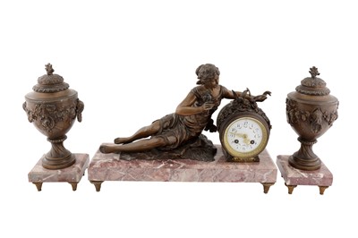 Lot 624 - A FRENCH BRONZE PATINATED SPELTER AND BRECHE D’ALEP MARBLE AND GILT METAL MOUNTED CLOCK GARNITURE