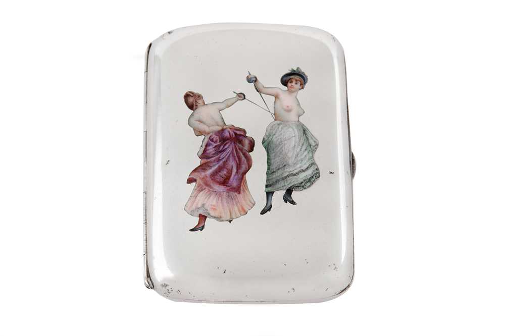 Lot 236 - AN EARLY 20TH CENTURY AUSTRIAN UNMARKED SILVER AND ENAMEL NOVELTY EROTIC CIGARETTE CASE, CIRCA 1905
