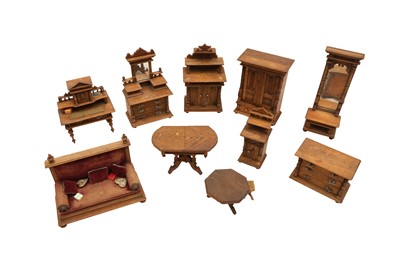 Lot 874 - A COLLECTION OF OAK WOODEN DOLLS HOUSE FURNITURE