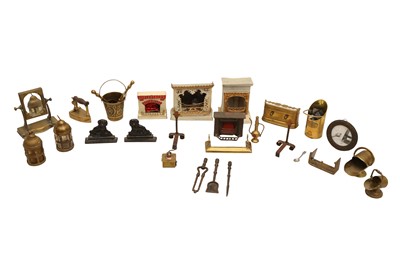 Lot 877 - A COLLECTION OF TIN AND BRASS DOLLS HOUSE FURNITURE