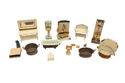 Lot 865 - A COLLECTION OF TIN AND ENAMEL DOLLS HOUSE BATHROOM FURNITURE