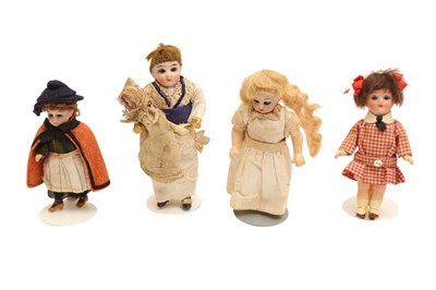 Lot 847 - DOLLS: FOUR GERMAN BISQUE HEAD DOLL’S HOUSE DOLLS