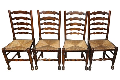 Lot 597 - FOUR 19TH-CENTURY OAK LADDER-BACK CHAIRS