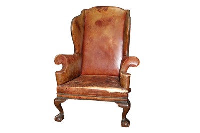 Lot 586 - A MAHOGANY AND LEATHER WING BACK ARMCHAIR, 19TH CENTURY