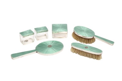Lot 21 - A GEORGE V ART DECO STERLING SILVER AND GUILLOCHE ENAMEL DRESSING TABLE SET, LONDON 1935 BY ASPREY AND CO LTD