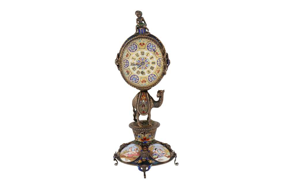 Lot 88 - A late 19th century Austrian silver and enamel timepiece or clock, Vienna circa 1880 by Hermann Böhm (active 1866-1922)