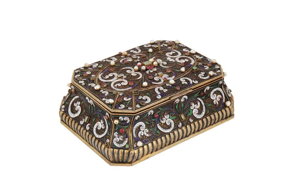 Lot 86 - A late 19th century / early 20th century Austrian unmarked silver gilt and gem-set casket, Vienna circa 1900