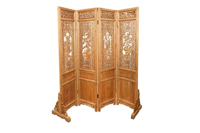 Lot 209 - A 20TH CENTURY CHINESE OILED SOFTWOOD FOUR PANEL FOLDING SCREEN