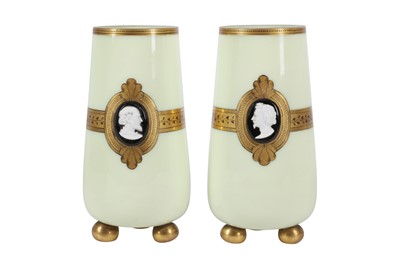 Lot 239 - A PAIR OF FRENCH CREAM OPALINE GLASS AND GILT VASES, 19TH CENTURY