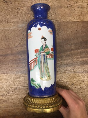 Lot 71 - AN ORMOLU-MOUNTED CHINESE POWDER-BLUE GROUND FAMILLE-VERTE AND GILT-DECORATED VASE