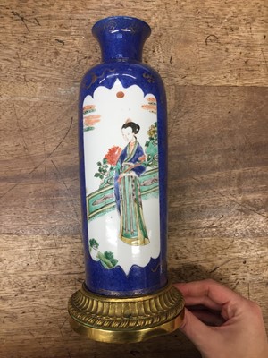 Lot 71 - AN ORMOLU-MOUNTED CHINESE POWDER-BLUE GROUND FAMILLE-VERTE AND GILT-DECORATED VASE