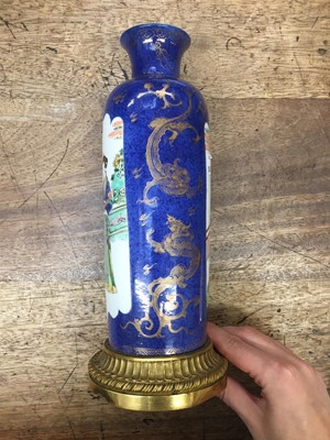 Lot 71 - AN ORMOLU-MOUNTED CHINESE POWDER-BLUE GROUND FAMILLE-VERTE AND GILT-DECORATED VASE