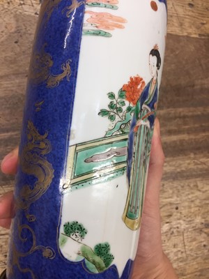 Lot 71 - AN ORMOLU-MOUNTED CHINESE POWDER-BLUE GROUND FAMILLE-VERTE AND GILT-DECORATED VASE