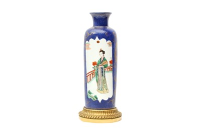 Lot 71 - AN ORMOLU-MOUNTED CHINESE POWDER-BLUE GROUND FAMILLE-VERTE AND GILT-DECORATED VASE
