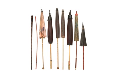 Lot 403 - SEVEN BURMESE BAMBOO PARASOLS AND TWO LACQUERED WALKING STICKS