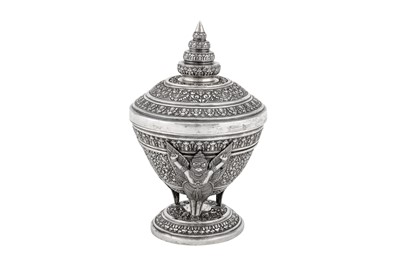 Lot 147 - A mid-20th century Cambodian unmarked silver covered bowl on stand (Tok), circa 1940-60