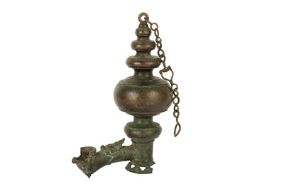 Lot 279 - AN INDIAN BRONZE HANGING OIL LAMP WITH MAKARA SPOUT