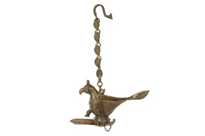 Lot 274 - A PARROT-SHAPED BRONZE HANGING OIL LAMP