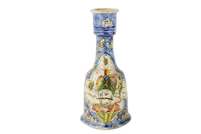 Lot 309 - A POLYCHROME-PAINTED POTTERY WATERPIPE (QALYAN) BASE WITH PERSIAN KINGS' PORTRAITS