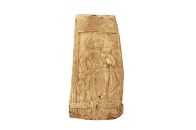 Lot 271 - A DECORATIVE CARVED BONE PLAQUE WITH MOTHER AND CHILD MOTIF