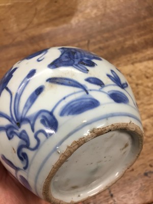 Lot 471 - A SMALL CHINESE BLUE AND WHITE 'FISH AND LOTUS' JAR