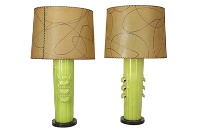Lot 396 - PAIR OF GREEN CERAMIC CANISTER TABLE LAMPS