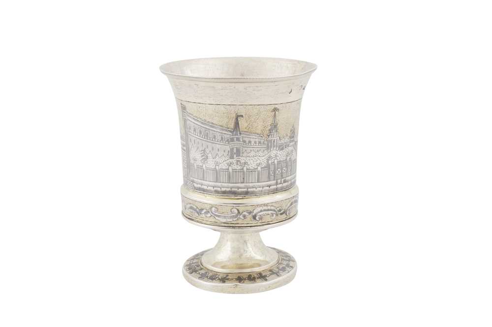 Lot 250 - A Nicholas I mid-19th century Russian 84 zolotnik parcel gilt silver and niello goblet, Moscow 1841 by TT (untraced)