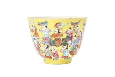 Lot 130 - A CHINESE FAMILLE ROSE YELLOW-GROUND 'HUNDRED BOYS' CUP