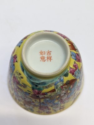 Lot 130 - A CHINESE FAMILLE ROSE YELLOW-GROUND 'HUNDRED BOYS' CUP