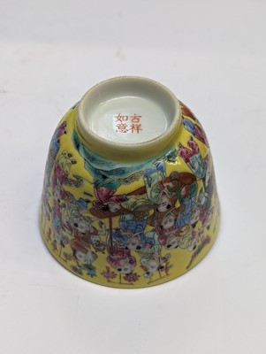 Lot 130 - A CHINESE FAMILLE ROSE YELLOW-GROUND 'HUNDRED BOYS' CUP