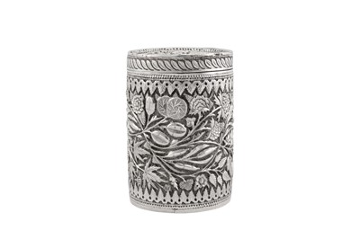 Lot 153 - A late 19th / early 20th century Anglo – Indian unmarked silver tea caddy, Kashmir circa 1900