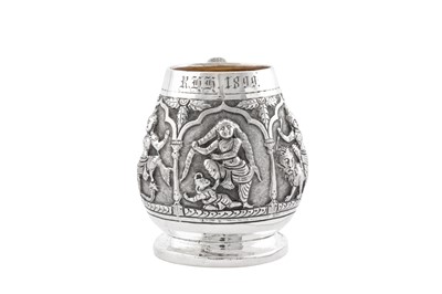 Lot 43 - A late 19th century Anglo – Indian unmarked silver christening mug, Madras dated 1899